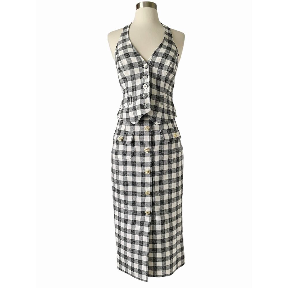 Cara Cara Prescott Halter Top Faye Midi Skirt Set Black Gingham Cotton XS - Picture 2 of 12